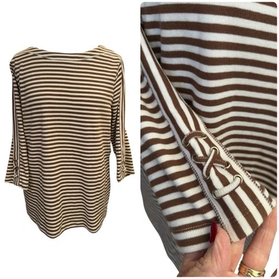 复古 Blair 衬衫女式中号 M 棕色白色条纹 3/4 袖弹力 — 第 1/4 张图片