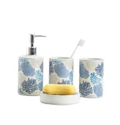 Blue Coral Bathroom Accessories Set Porcelain Coastal Bath Decor beach coral - Image 1 of 4
