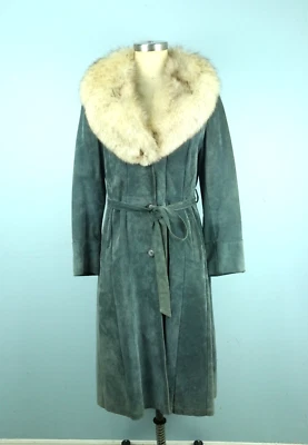 Vintage Sears Fox Fur Collar Belted Suede Coat, Small - Image 1 of 4