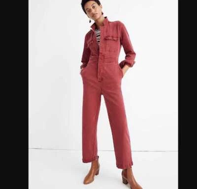 New women's Madewell garment dyed denim slim coverall jumpsuit in Dusty Burgundy - Image 1 of 4