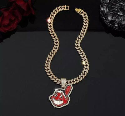 Cleveland Indians GEM Chain Necklace 24" Bling Pendant Gold/Silver Fan Jewelry - Image 1 of 4