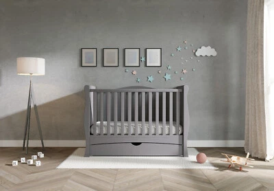 New Grey Sleigh GILBERT Baby Cot Bed Drawer – optional Fibre Mattress 140x70x10 - Image 1 of 4