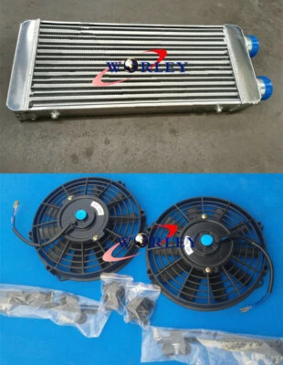 Front Mount Aluminum turbo Intercooler 600x300x70mm same side 76mm& FAN - Image 1 of 4