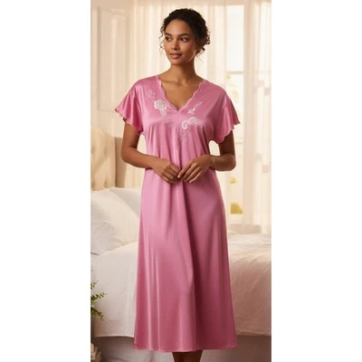 Camisón para mujer Natori rosa bordado satinado talla XL manga corta ropa de dormir Foto 1 de 4