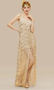 BABEYOND KLEID GR. MEDIUM APRICOT HOHER SCHLITZ GLITZER PAILLETTEN TRÄGERKLEID NEU - Bild 1 von 5