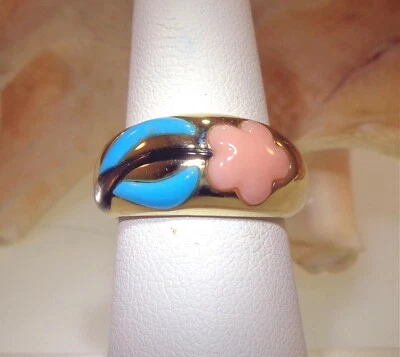 ANILLO PLUMERIA HAWAIANA TURQUESA PERLA MADRE CORAL ROSA NATURAL ORO AMARILLO 14K Foto 1 de 4