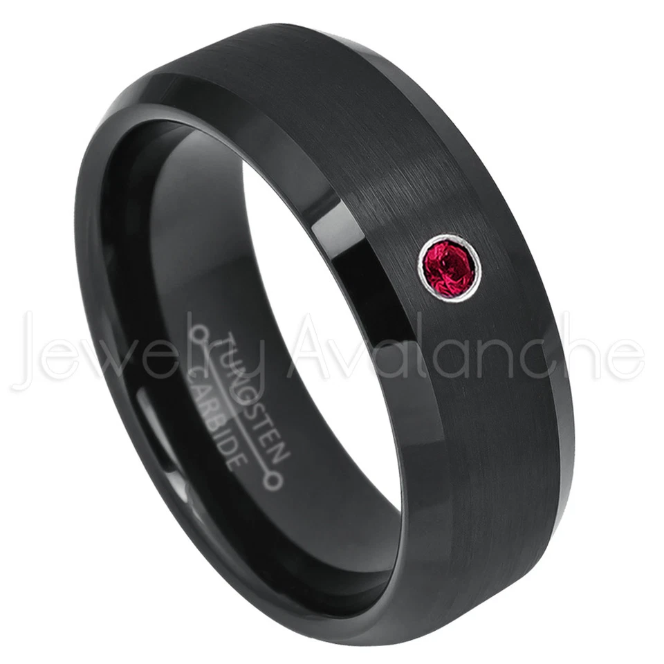 Anillo de tungsteno negro semi cúpula, anillo de rubí de 0,07 quilates para hombre, anillo de piedra de nacimiento de julio #697 Foto 1 de 1