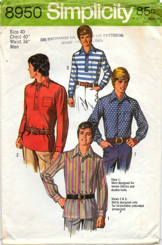 Vintage 1970 Simplicity Sewing Pattern # 8950 Men's Shirt: Size 40 Waist 34" - Image 1 of 2