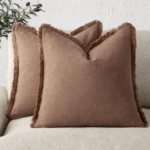 Set of 2 Decorative Linen Fringe Throw Pillow Covers Cozy Farmhouse Boho Cushion - Picture 1 of 7
