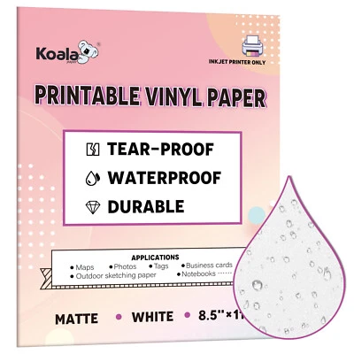 Koala Waterproof Printer Paper 8.5x11 Matte White Inkjet Printable Vinyl 30 Pk - Image 1 of 4