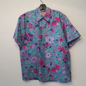 Vintage Reyn Spooner Floral Pastel Blue Purple Silk Hawaiian Polo Shirt Men M - Picture 1 of 16