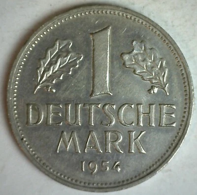 1954 F Germany Copper Nickel 1 Mark Coin Almost Unc German Eagle Oak Leaves AU - Image 1 of 2