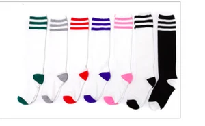 Womens Striped Top Black White Cotton Knee High Socks Made in Korea - Picture 1 of 19