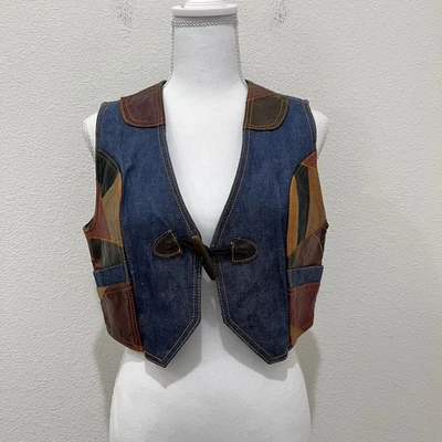 复古天鹅真皮拼布牛仔背心 Toggle 70 年代韩国 XL 码 — 第 1/4 张图片