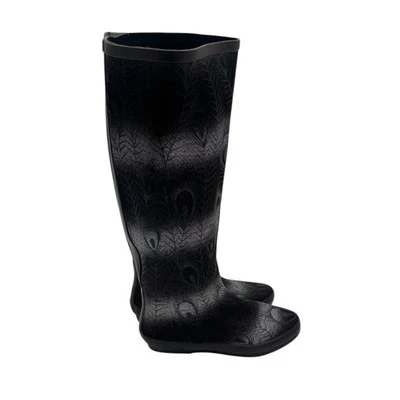 Totes Botas de Lluvia Hasta la Rodilla Negro Estampado Pluma de Pavo Real Impermeables Talla 7 Foto 1 de 4