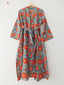 Hand Block Print Kimono Robe, Cotton Bathrobe, Lightweight Cotton Robes Women - Picture 1 of 3
