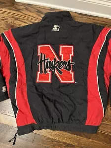 Vtg Nebraska Huskers Starter Jacket Mens XL Black/Red Pullover Hooded Coat - Picture 1 of 8