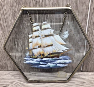 Lyford Glass Nautical Ship Suncatcher With Blue Sailing Scene Hanging Glass 6" - Picture 1 of 9