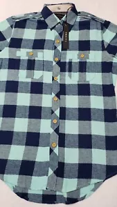 NWT Tackma Mens Small Teal Navy Blue Plaid Long Sleeve Flannel Shirt - Picture 1 of 12