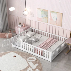 Montessori Full-Size Floor Bed for Kids with Door, Fence, and Safety Guardrails  - Picture 1 of 12