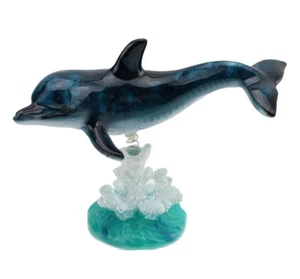 Dolphin On Glazed White Blue Coral Base Statue ~ Wiggles Jiggles Decor US Seller - Picture 1 of 3