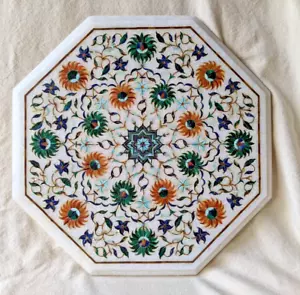 White Marble Coffee TableTop Semi Precious Stones Pietra Dura Inlay Handmade 13" - Picture 1 of 5