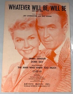 MAN WHO KNEW TOO MUCH Que Sera SHEET MUSIC Jimmy Stewart HITCHCOCK Doris Day '55 - Picture 1 of 2