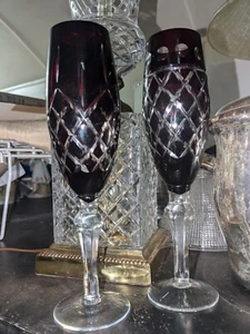 Lot 2 Deep Ruby Cut To Clear Fluted Crystal Glasses Czech Bohemian, Nachtmann? - Picture 1 of 19