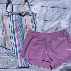 Roxy Girls Size 8 Striped One Piece Swimsuit Purple W Swim Shorts NEW - Picture 1 of 2