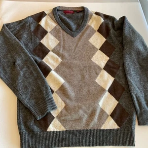 Maglione uomo blu americano himalayano yak piccolo Argyle pullover scollo a V marrone grigio - Foto 1 di 10