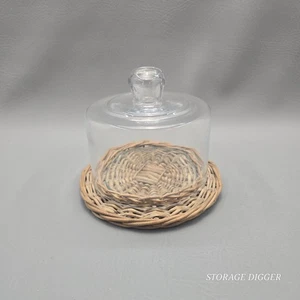 Vintage Deko Obst Kuchen Ständer Handarbeit Rattan Glaskuppel mit Korb Tablett - Bild 1 von 10