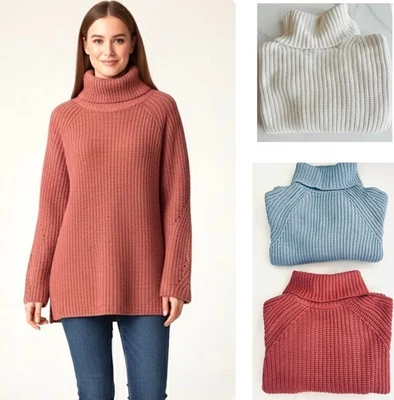 Ladies Marks Per U** Jumper Roll Neck Cotton Rich Blue Pink Thick Knit Longline - Image 1 of 4