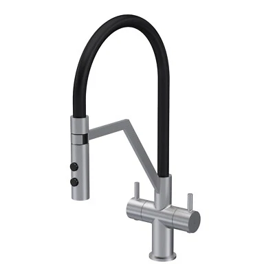 Nuie Ravi Mono Dual Lever Brushed Nickel Kitchen Tap & Rinser Round Modern - Image 1 of 4