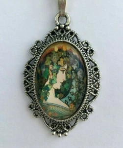 COLGANTE DE CAMEO ART NOUVEAU DAMA VERDE HOJAS ESTILO VICTORIANO PLATA OSCURA P - Imagen 1 de 7