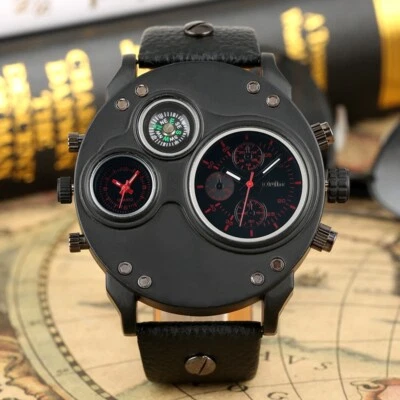 Reloj deportivo de cuarzo analógico de lujo para hombre correa de cuero OULM brújula de zonas horarias dobles - Imagen 1 de 4