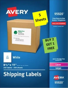 [5 Blatt} Avery 95920/8165 weiß 8 1/2 x 11 Etiketten Tintenstrahl B2G1 - Bild 1 von 1