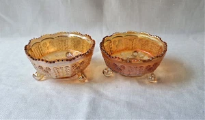 Vintage Pair Marigold Carnival Glass Butterfly & Berry Tri Footed Bowls 12cms - Picture 1 of 9