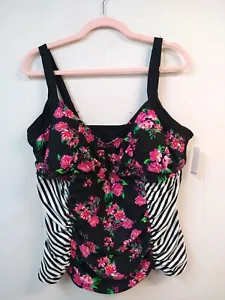 Bongo Plus WM 3X Black Pink White Floral Striped Ruched Tankini Top - Picture 1 of 10
