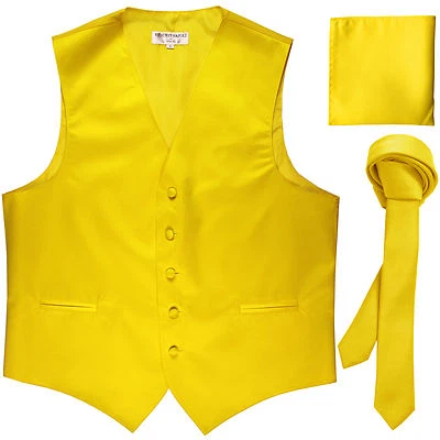 New Men's yellow vest Tuxedo Waistcoat_1.5" necktie & hankie set wedding formal - Image 1 of 4