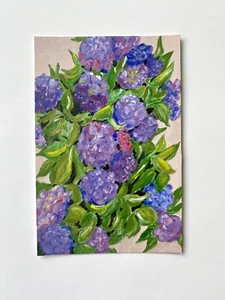 Pintura acrílica azul púrpura decoración de flores arte pequeño 4 x 6 pulgadas - Imagen 1 de 5