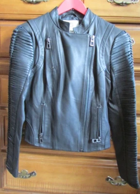 Chaqueta de moto para mujer Blanc Noir cruda 100 % cuero negra bolsillos con cremallera talla S Foto 1 de 4