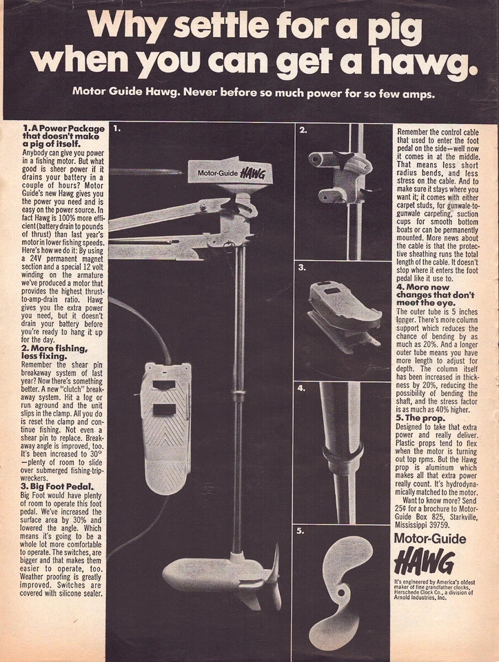 Publicidad impresa de revista vintage Motor-Guide Hawg Trolling Motors 1976 Foto 1 de 1