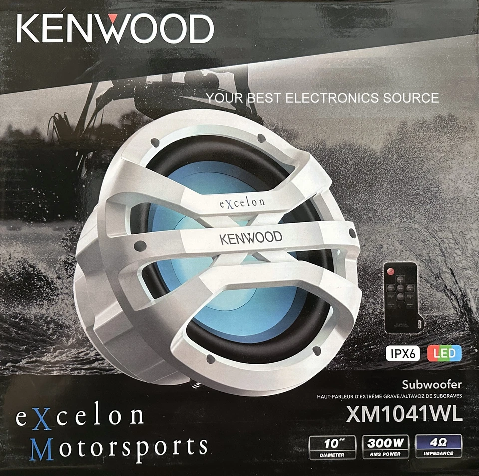 NEW Kenwood XM1041WL 10" 4 Ohm Marine Subwoofer 300W RMS, RBG LED Lighting WHITE - Image 1 of 1