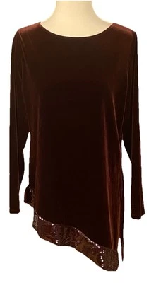 CHICO'S COLECCIÓN VIAJEROS BORGOÑA TERCIOPELO LENTEJUELAS RIBETE DOBLADILLO ASIMÉTRICO TOP 1 Foto 1 de 3