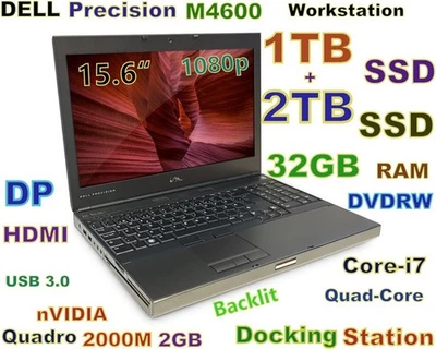 Workstation DELL M4600 i7-QUAD Fast 1TB SSD + 2TB 32GB 15.6 Quadro 2000 DOCK - Image 1 of 4