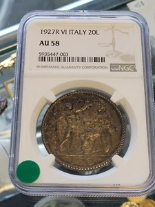 1927 R VI Italy 20L 20 Lire KM#69 Coin graded AU58 by NGC - Picture 1 of 6