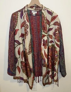 Soft Surroundings Floral Open Front Fringe Wool Rayon Cardigan Sweater PS - Picture 1 of 9