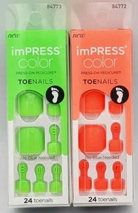 2x KISS IMPRESS PRESS ON PEDICURE TOE NAILS ONE STEP PEDICURE NEON GREEN & CORAL - Picture 1 of 5