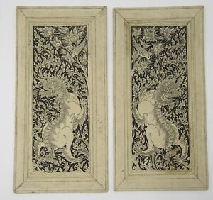 Pair of ornate old Tibetan ink drawings snow lion/dragon paper frame