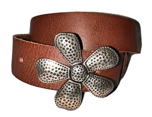 SILPADA Designs Brown Italian Leather Belt Daisy Flower Silver Buckle Size Med M
